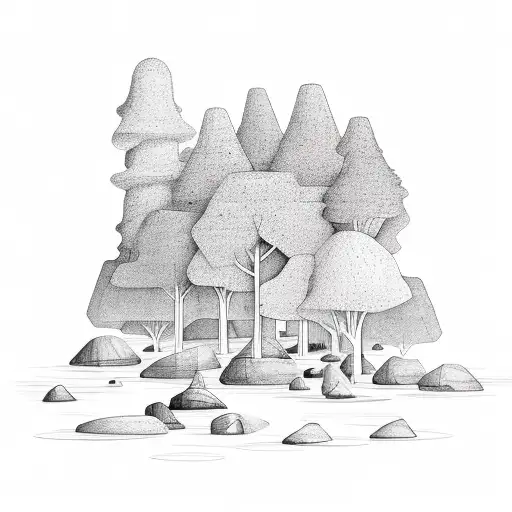 forest with trees, rocks, waterfall that progresses into a planetary scene  tattoo design idea