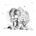 forest with trees, rocks, waterfall that progresses into a planetary scene  tattoo design idea