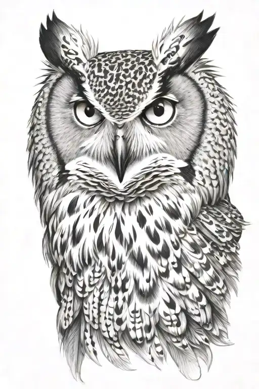 a large eagle owl, the feathers thick and detailed. fiery eyes tattoo design idea