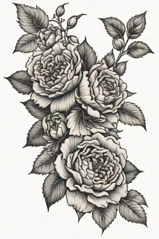 prime rose larkspur and peony bouquet tattoo design idea