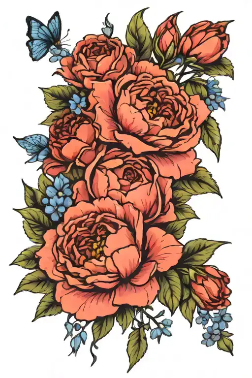 prime rose larkspur and peony bouquet tattoo design idea