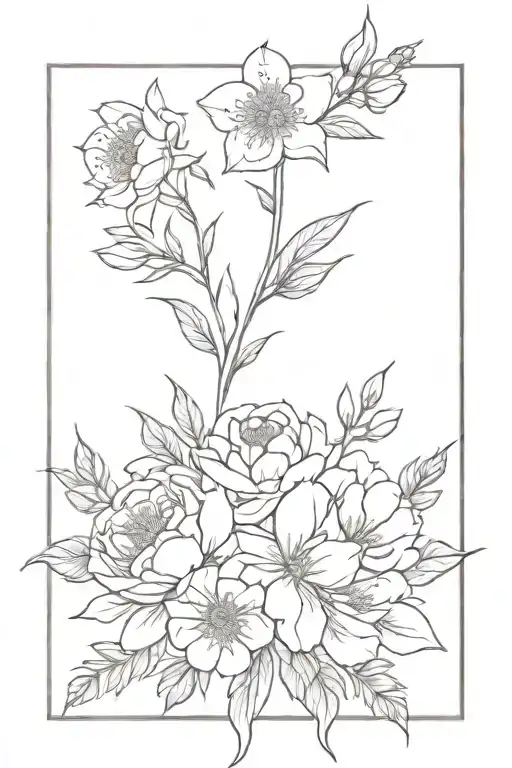 prime rose larkspur and peony bouquet tattoo design idea