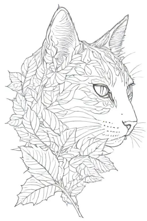 the profile of a cat into leaves playing with negative space  tattoo design idea