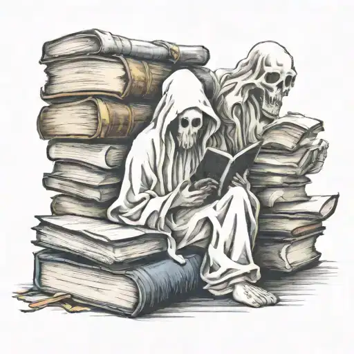 ghost reading a book sat in books tattoo design idea