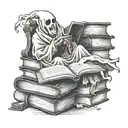 ghost reading a book sat in books tattoo design idea