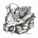 ghost reading a book sat in books tattoo design idea