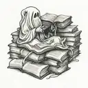 ghost reading a book sat in books tattoo design idea