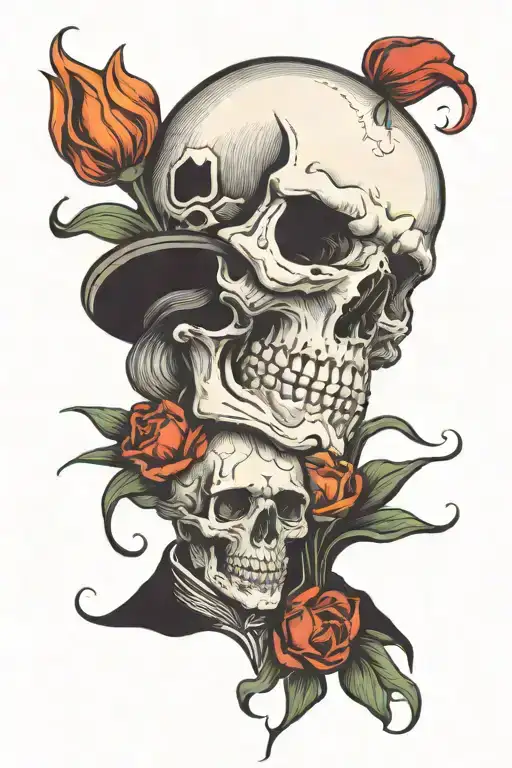 skull kissing Dutch figure holding tulips tattoo design idea