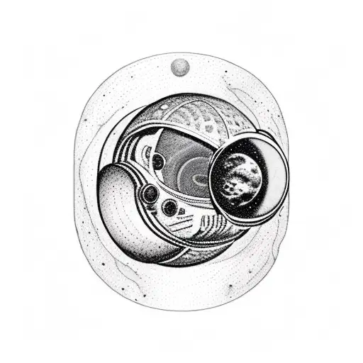 astronauta flutuando com um cérebro nas mãos . jupter Saturno terra equação de drake formas geométricas   tattoo design idea