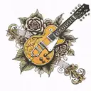 les paul guitar surrounded my music notes tattoo design idea