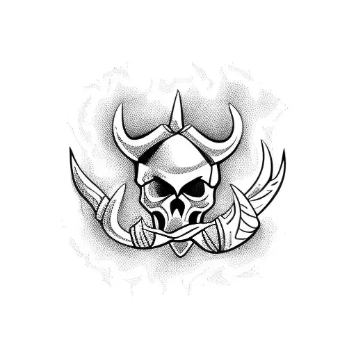 maui hook, skull, fire, horns tattoo design idea