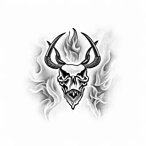 hook, skull, fire, horns tattoo design idea