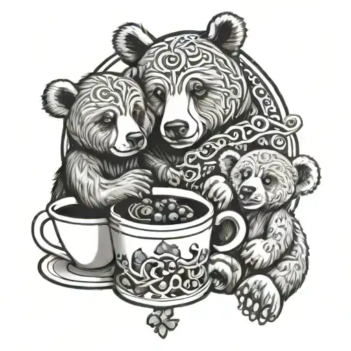Baby and father bear with coffee cups, blueberries, shamrocks, and celtic knots tattoo design idea