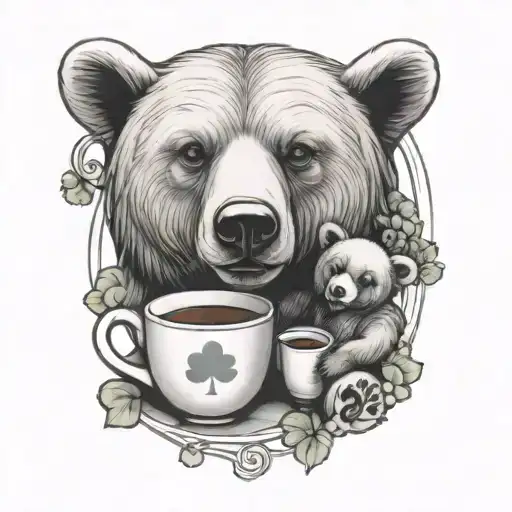 Baby and father bear with coffee cups, blueberries, shamrocks, and celtic knots tattoo design idea
