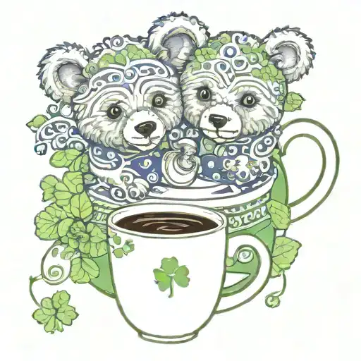 Baby and father bear with coffee cups, blueberries, shamrocks, and celtic knots tattoo design idea