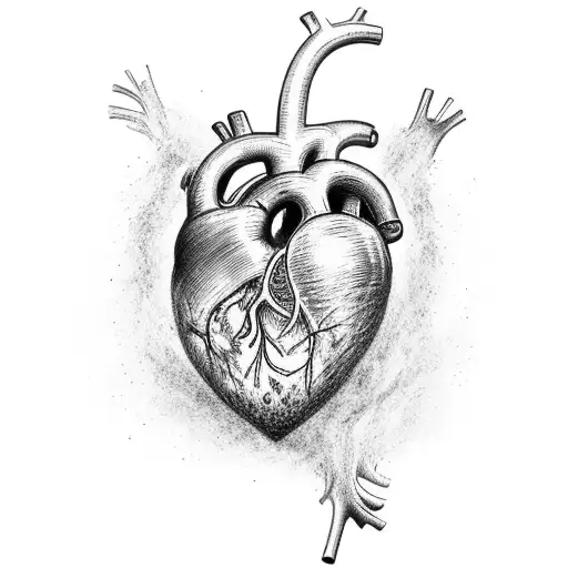 three realistic human hearts flowing in succession.  first heart being attacked by the worldly pain cracked bruised tattoo design idea