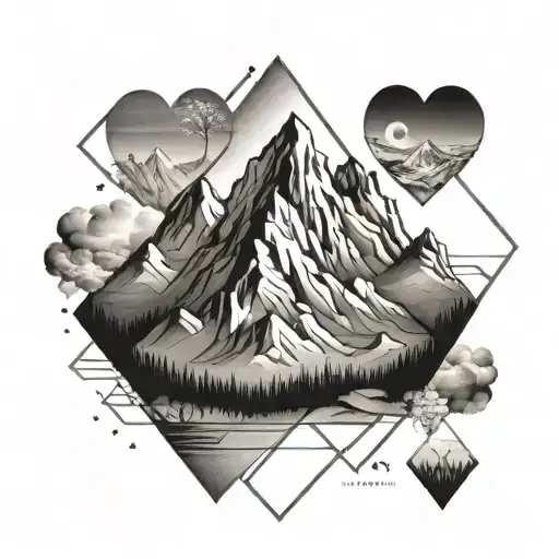 A geometric mountain landscape incorporating elements symbolizing family like hearts, initials, and birthdates tattoo design idea