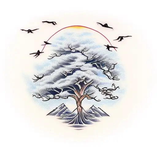 A majestic tree with birds perched on its branches, surrounded by a flowing river tattoo design idea