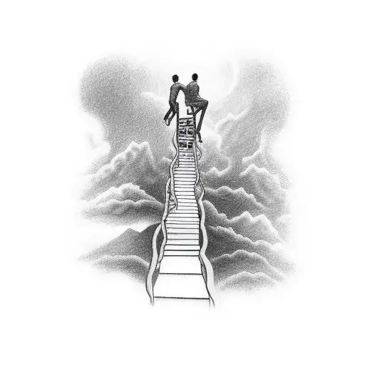 draw a half sleeve tattoo of the man climbing the stairway to heaven to reach the pearly gates tattoo design idea