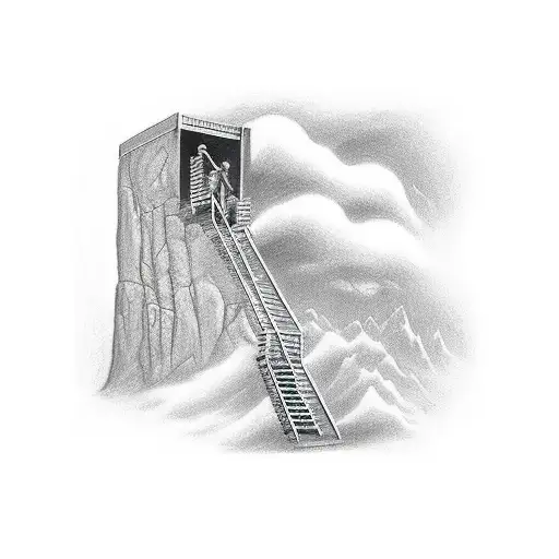 draw a half sleeve tattoo of the man climbing the stairway to heaven to reach the pearly gates tattoo design idea