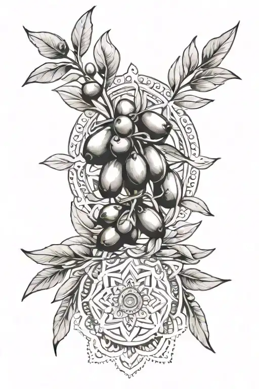 olive leaves with some olives, mandala design incorporating elements. black and white. arm tattoo tattoo design idea