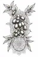 olive leaves with some olives, mandala design incorporating elements. black and white. arm tattoo tattoo design idea