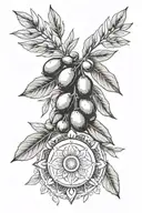 olive leaves with some olives, mandala design incorporating elements. black and white. arm tattoo tattoo design idea