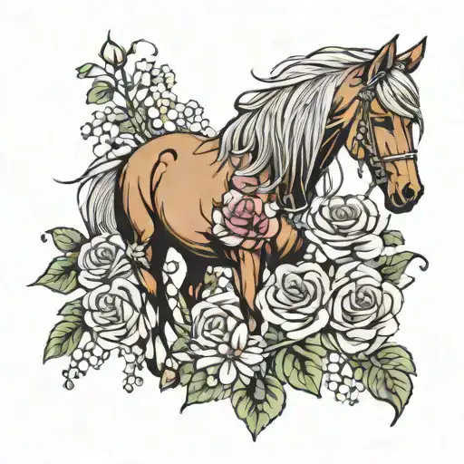 horse and daisys asters and roses bouquet tattoo design idea
