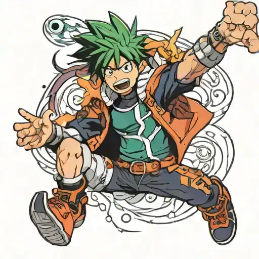  Create a detailed anime-style arm tattoo featuring a dynamic blend of characters from "My Hero Academia" and "Naruto".  tattoo design idea