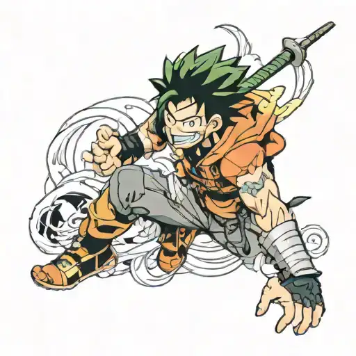  Create a detailed anime-style arm tattoo featuring a dynamic blend of characters from "My Hero Academia" and "Naruto".  tattoo design idea