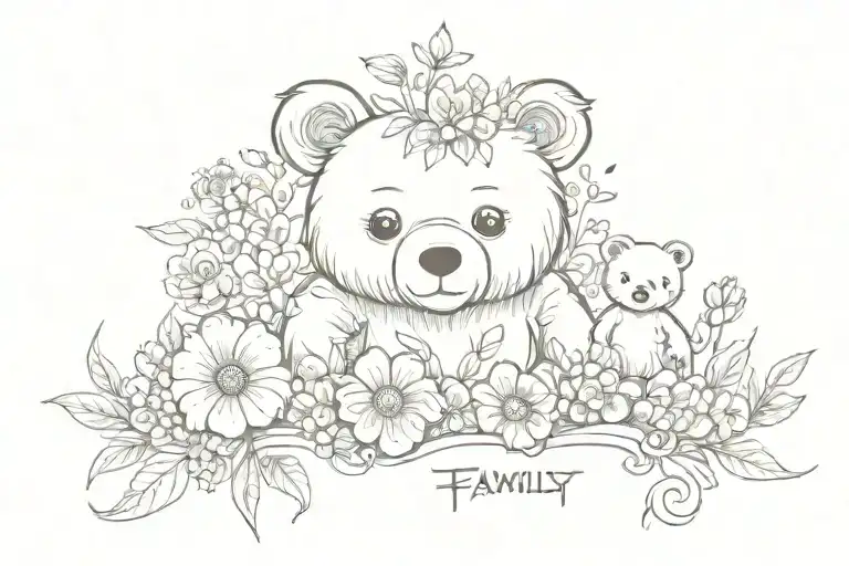 Flowers with the Word family and one little Bear and fairy tattoo design idea