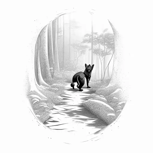 A trail winding through a lush forest with a silhouette of a dog leading the way tattoo design idea