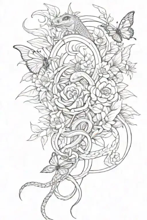 Snakes, Dragons, butterflies, flowers tattoo design idea