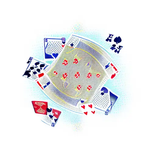 A new-school design featuring a vibrant and abstract representation of a poker table, with playing cards flying around and chips scattered in the background. tattoo design idea