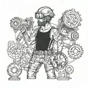 Steampunk construction worker with alien machinery as tools tattoo design idea