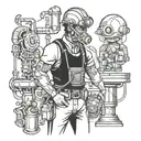 Steampunk construction worker with alien machinery as tools tattoo design idea
