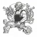 Steampunk construction worker with alien machinery as tools tattoo design idea