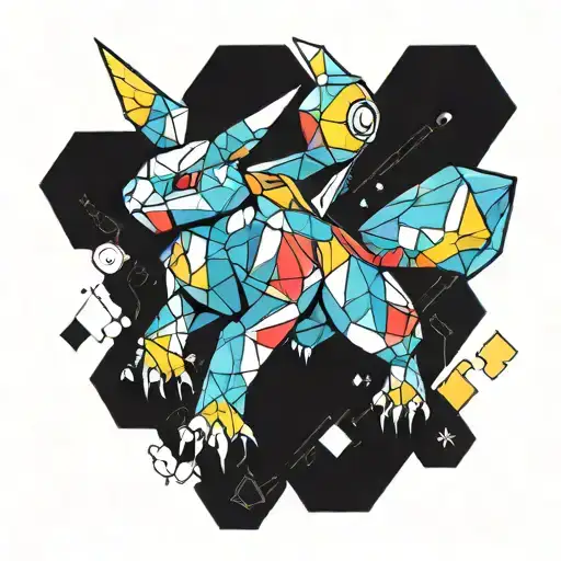 A new-school design of a Pokemon evolving into its final form surrounded by colorful geometric shapes tattoo design idea