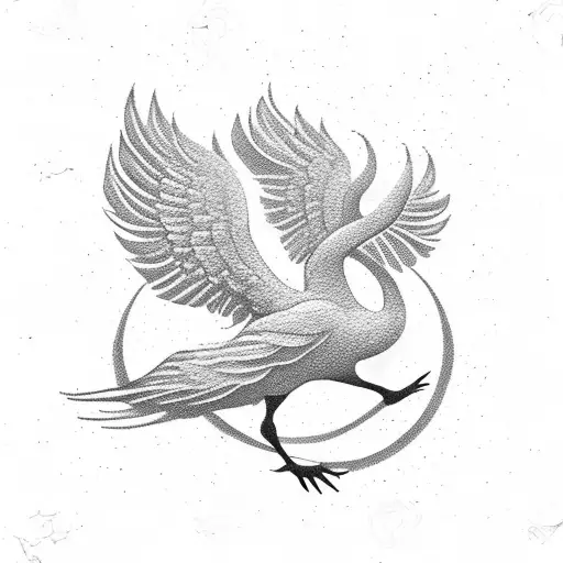 Silhouette of a flying swan in elements of Ukrainian ornament for background tattoo design idea