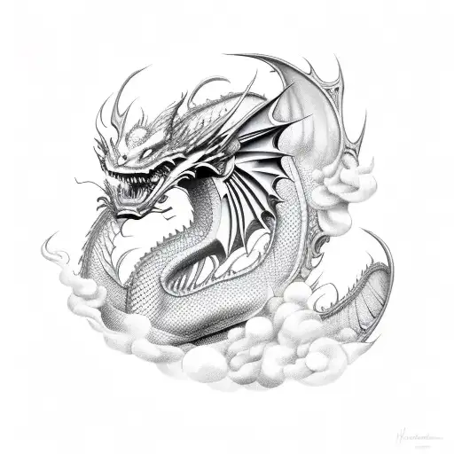 Feminine dragon from above, covered with smoke tattoo design idea