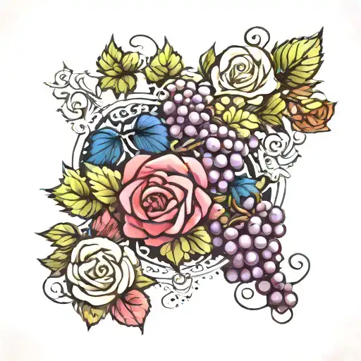 roses and grapes tattoo design idea