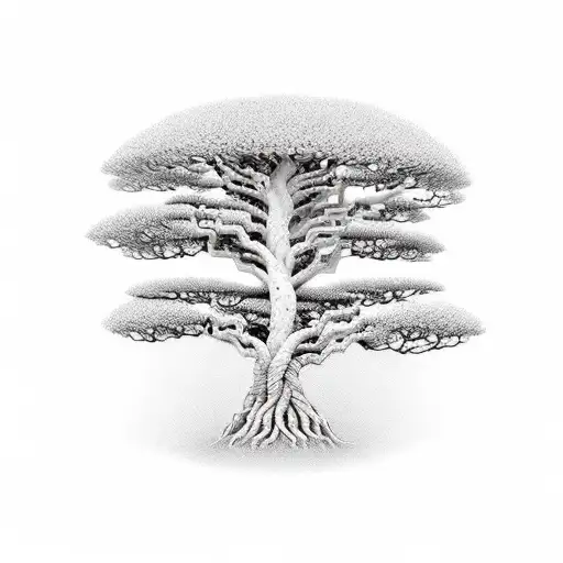A realistic portrayal of a bonsai forest with hidden genetic computing symbols incorporated within the tree trunks tattoo design idea
