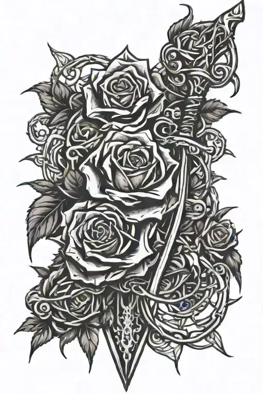 Infinity symbol, menacing thorns, protectors sword, Gothic rose, tattoo design idea
