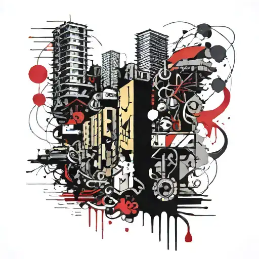 number three, in the foreground buildings, factories, mines tattoo design idea