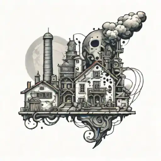 number three, in the foreground buildings, factories, mines tattoo design idea
