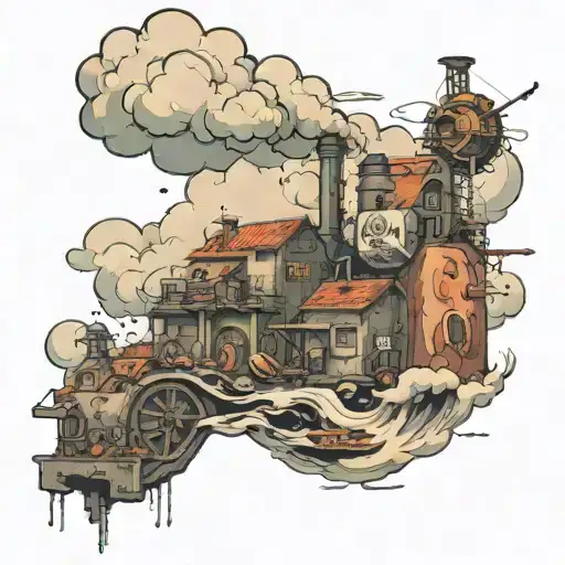 factories, multi-story buildings, mines, buildings, and in the background the number 3 and clouds tattoo design idea