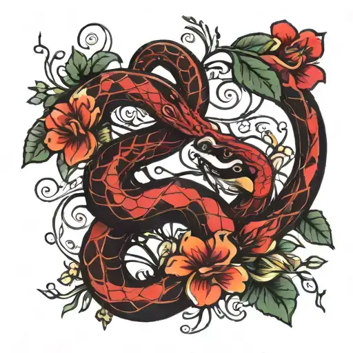 black and red snakes and flowers intertwined tattoo design idea