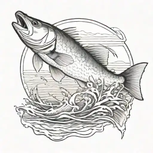 A realistic redfish tail breaking through the water's surface with a marshland horizon in the background tattoo design idea
