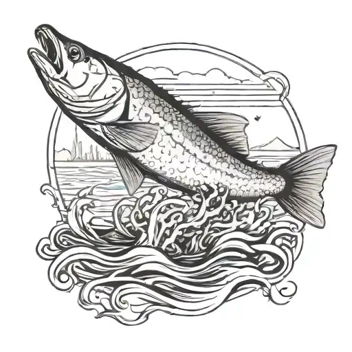 A realistic redfish tail breaking through the water's surface with a marshland horizon in the background tattoo design idea