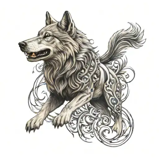 A tattoo featuring a combination of Turkish and Spanish national symbols with a wolf representing strength and intelligence and a bull symbolizing courage and resilience. tattoo design idea